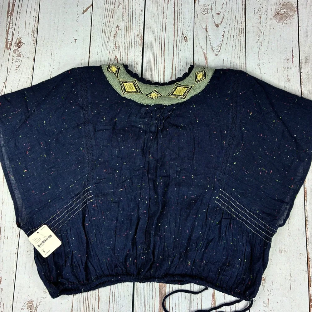 Free People Navy Blue Gauze Embroidered V-Neck Drawstring Top OB1157299 Womens S